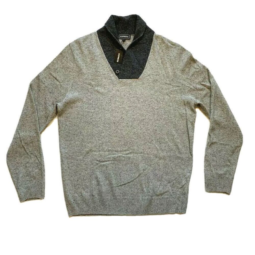 NWT‎ Express Merino Wool Blend Shawl Collar Sweater Pullover Heather Gray XL